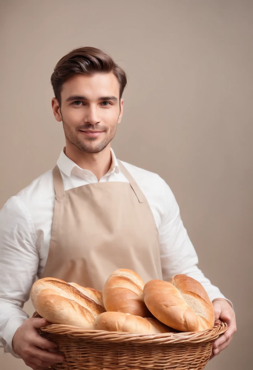 Full body photorealistic handsome man holding some bread in basket presenting something. Bakery as the background 