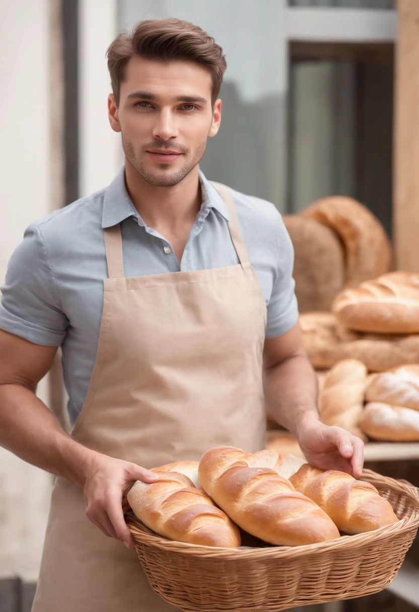 Full body photorealistic handsome man holding some bread in basket presenting something. Bakery as the background 