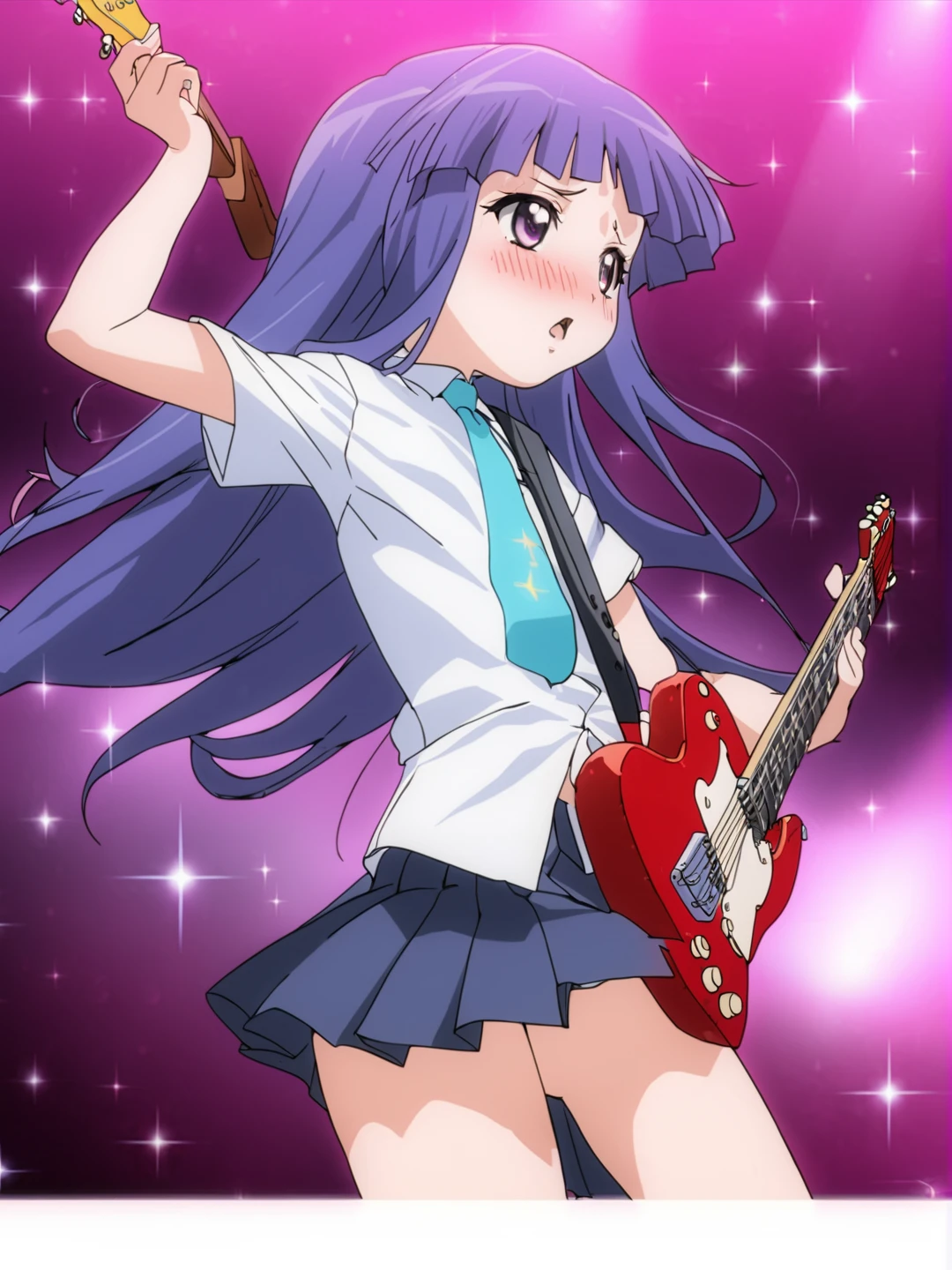 masterpiece, best quality, 1girl, solo, furude rika, blue hair, purple eyes, instrument, skirt, guitar, necktie, long hair, shirt, blush, holding, pleated skirt, electric guitar, cropped legs, holding instrument, simple background, short sleeves, white shirt, sparkle, a photo of irene, on stage singing, best quality, beautiful face
