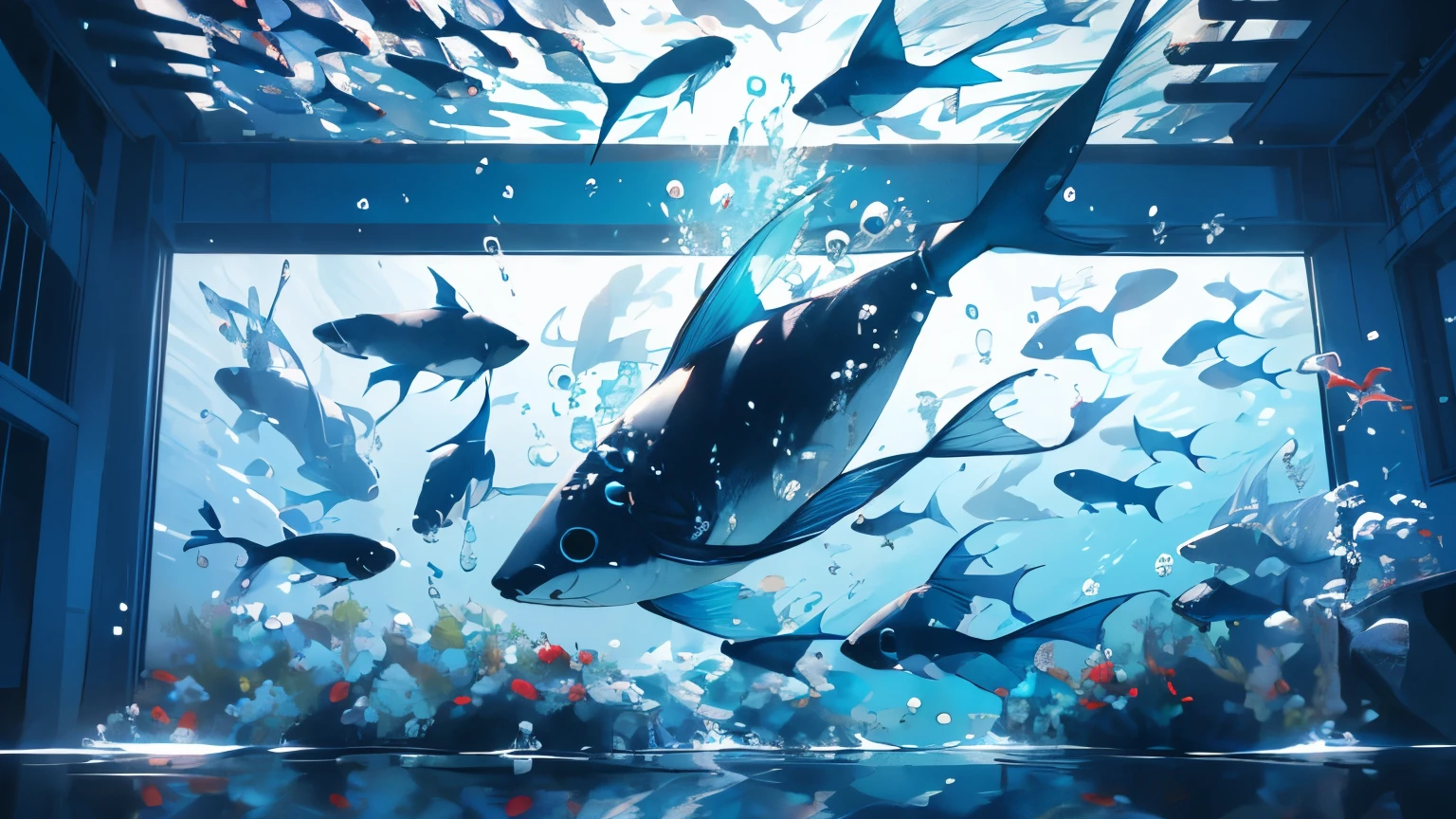 ocean, underwater, full of fish, Various fish, detailed, cool, cinematic, Dynamic, high quality, 8K, no one, 0 people