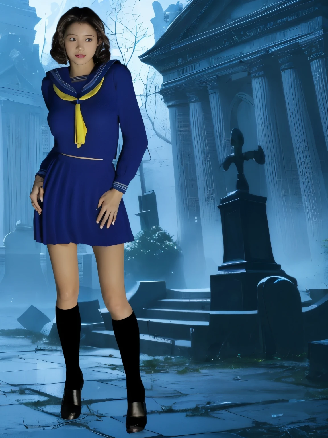 ((frightened face, face full of fear, open mouth)), beautiful, masterpiece, top quality, hiqcgbody, anime, 1 girl, Samyan, portrait shot, ((frowns)), graveyard, exhausting and sweaty, intricate details, >