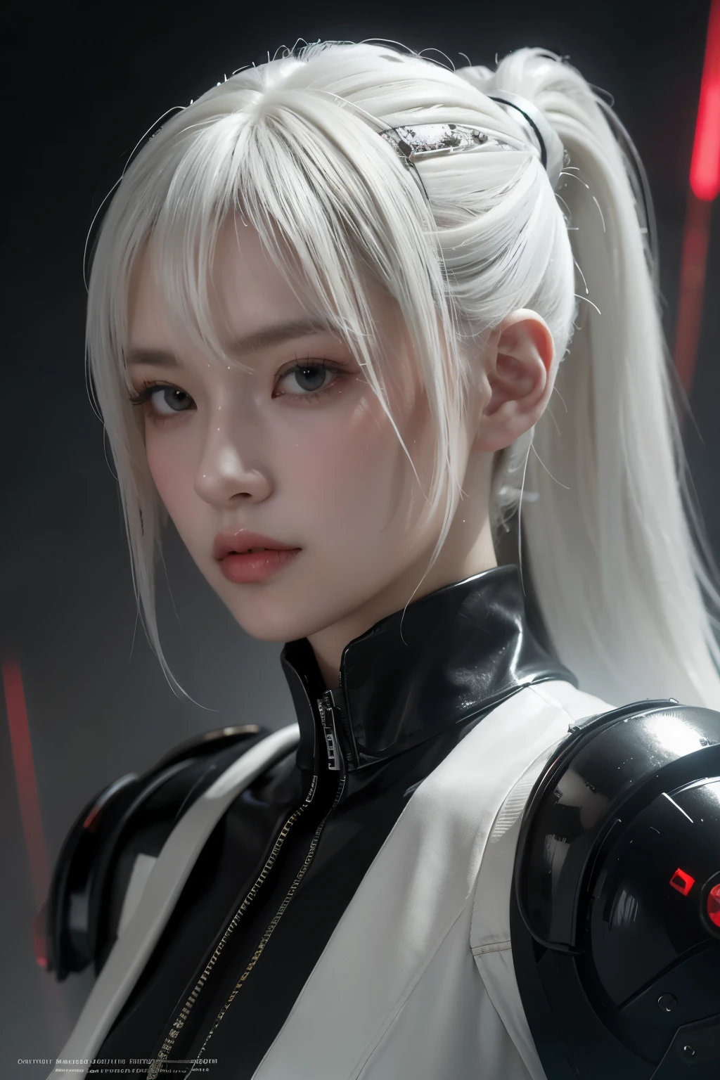 tmasterpiece,Best quality at best,A high resolution,8K,(portrait),(Close up of avatar),(RAW photogr),digital photography,Cyberpunk style scholar,20 year old girl,Long ponytail hairstyle,with long bangs,(white color hair),Red eyes,graceful and dignified,Keep your mouth shut,Serious and charming,The scholar,the rule of thirds,Sci-fi style laboratory,White room,oc render reflection texture,
