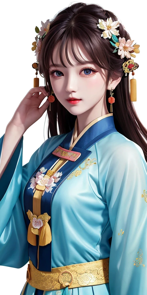 A girl, ancient Chinese costume, whole body, sunshine, clear face, clean white background, masterpiece, super detail, epic composition, ultra HD, high quality, extremely detailed, official art, uniform 8k wallpaper, super detail, 32k -- v 6