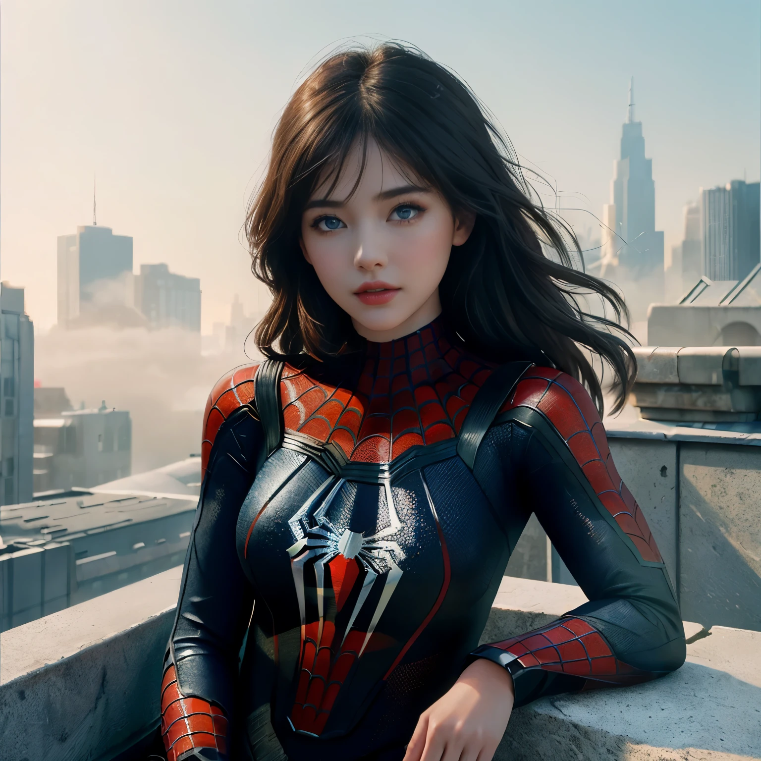 (1girl:1.3), Solo, (((Very detailed face)))), ((Very detailed eyes and face)))), Beautiful detail eyes, Body parts__, Official art, Unified 8k wallpaper, Super detailed, beautiful and beautiful, beautiful, masterpiece, best quality, original, masterpiece, super fine photo, best quality, super high resolution, realistic realism, sunlight, full body portrait, amazing beauty, dynamic pose, delicate face, vibrant eyes, (from the front), She wears Spider-Man suit, red and black color scheme, spider, very detailed city roof background, rooftop, overlooking the city, detailed face, detailed complex busy background, messy, gorgeous, milky white, highly detailed skin, realistic skin details, visible pores, clear focus, volumetric fog, 8k uhd, DSLR, high quality, film grain, fair skin, photo realism, lomography, futuristic dystopian megalopolis, translucent