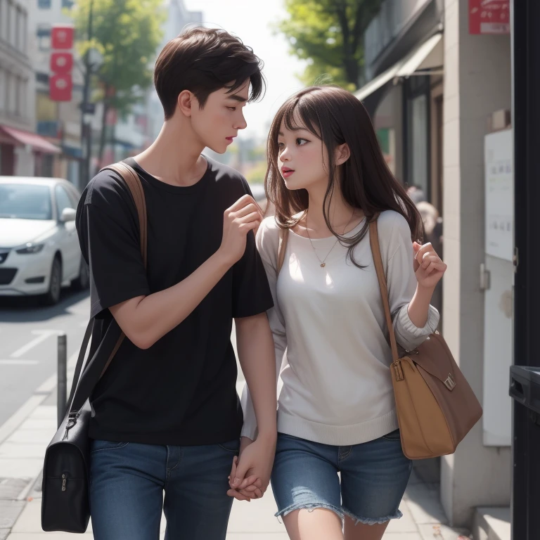 A cute korean girl wearing a school unifrom walking to a cafe with her boyfreind, boyfreind is cute, badboy kissing. The girl is blushing a lot. In love...