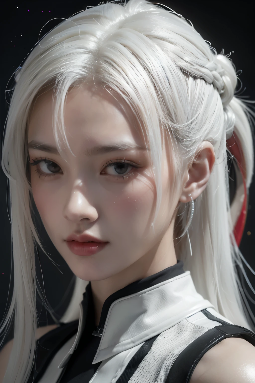 tmasterpiece,Best quality at best,A high resolution,8K,(portrait),(Close up of avatar),(RAW photogr),digital photography,Cyberpunk style scholar,20 year old girl,Long ponytail hairstyle,with long bangs,(white color hair),Red eyes,graceful and dignified,Keep your mouth shut,Serious and charming,The scholar,the rule of thirds,Sci-fi style laboratory,White room,oc render reflection texture,