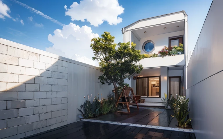 RAW photo, Masterpiece, high quality, best quality, realistic, super detailed, exterior, outdoor, townhouse, located in the city, (white wall :1.4), glass windows, (gray roof :1.1), decorative tiles on small wall, , trees, beautiful sky, grass, stone walkway, view from height (date:1.1), vivid colors, vray, (sunlight sky:1.1), decorative wooden paneling, wooden door frame, flower bed in front of the house