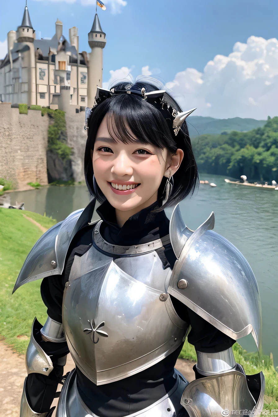 ８Ｋ、highest quality、female knight、The background is a castle、Luxurious Silver Armor、heavy equipment、black hair、hairstyle short cut、smile、beautiful teeth、full body photo、ear piercing、Dragon Helm

