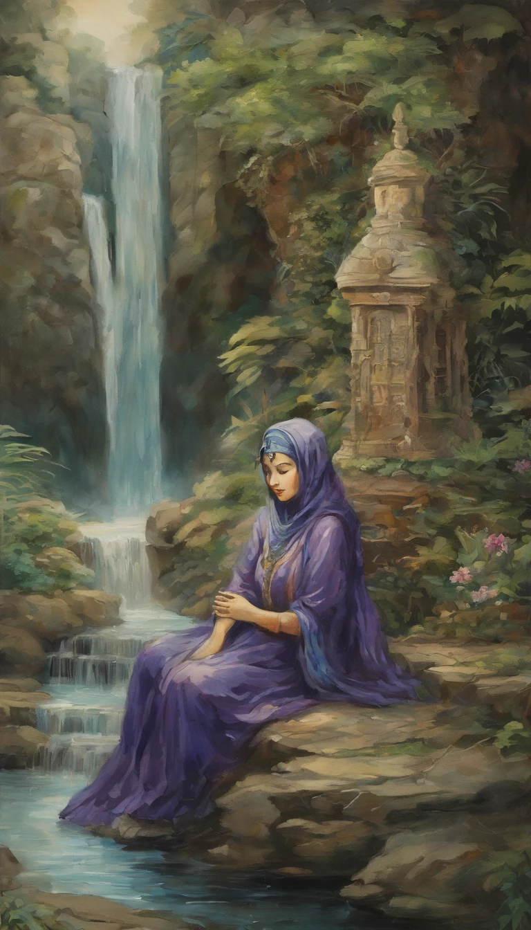 Tranquil watercolor painting, a woman wearing glasses, sitting near a water feature or fountain within a natural, outdoor setting. She is wearing a full-body black niqab that covers her face, leaving only her eyes visible. Underneath the niqab, she has on a purple long-sleeved garment and navy blue pants or skirt with a striped pattern along the hem. She is seated on a stone surface with vegetation around her, including leafy plants emerging from the ground.
Behind her is an intricately carved stone wall or structure with water cascading down it, forming small waterfalls. The stone surface appears ancient and weathered, with moss and plant growth suggesting an old, natural environment. The combination of the woman's traditional attire and the rustic, natural backdrop creates a visually striking contrast and sense of cultural richness., painting
