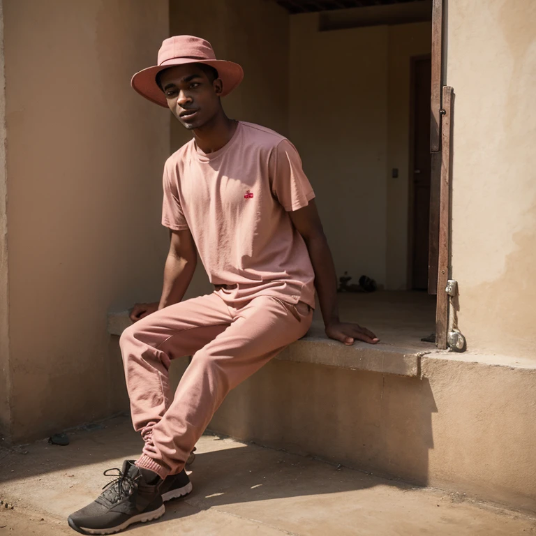 A 20 years young man ,light in complection, wearing a pink t-shirt, wearing a brown sun hat and grey skinny long trousers with a red track suit, black portable working boots. 