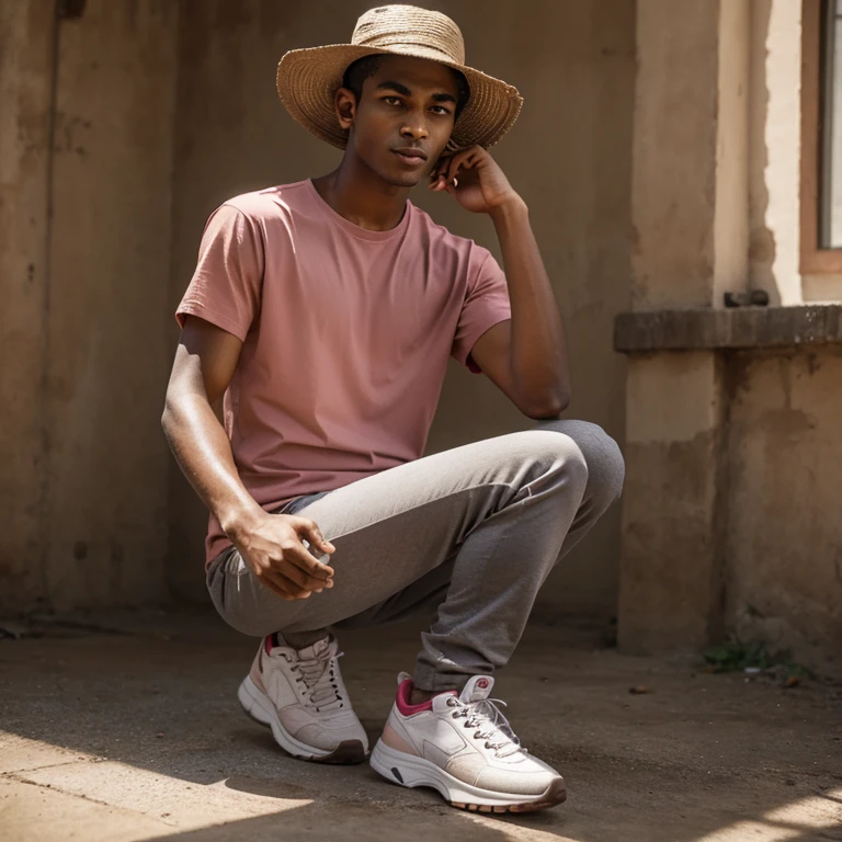 A 20 years young man ,light in complection, wearing a pink t-shirt, wearing a brown sun hat and grey skinny long trousers with a red track suit, black portable working boots. 