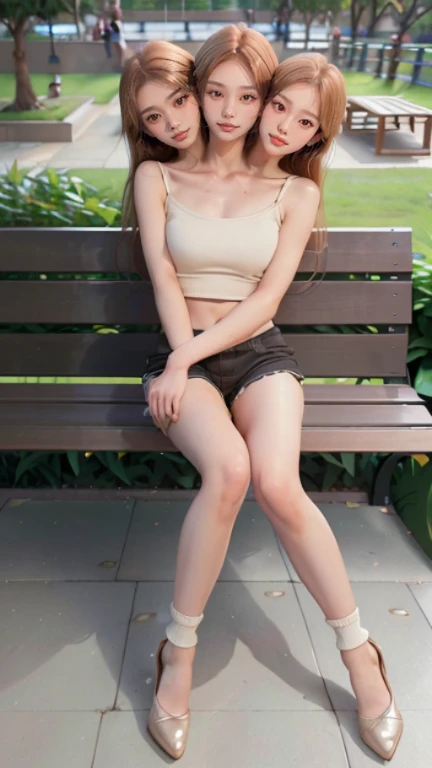 best resolution, 3 heads, Australian girl Instagram model three heads, 19 years old, youthful, sitting on a bench in a park, sitting on a bench, sitting on a bench, sitting on a park bench, tight outfit, casual pose, 19 years old, toned, fit dainty figure, 19 years old, sits on a rooftop, lacey, 19 years old, Instagram model, tight attire, blonde hair, red hair, black hair, different hair colors, full-body view, full body shot