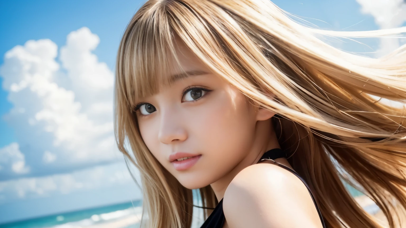 sexy big breasts、Sexy cute looks and cute beautiful girl, Beautiful and sexy face、The strong wind blows the hair in front of my face、Beautiful blonde long straight hair with cute and sexy eyes hidden behind long bangs
