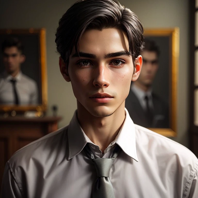 An 18 year old young man, wearing a white shirt with a gray tie, realistic