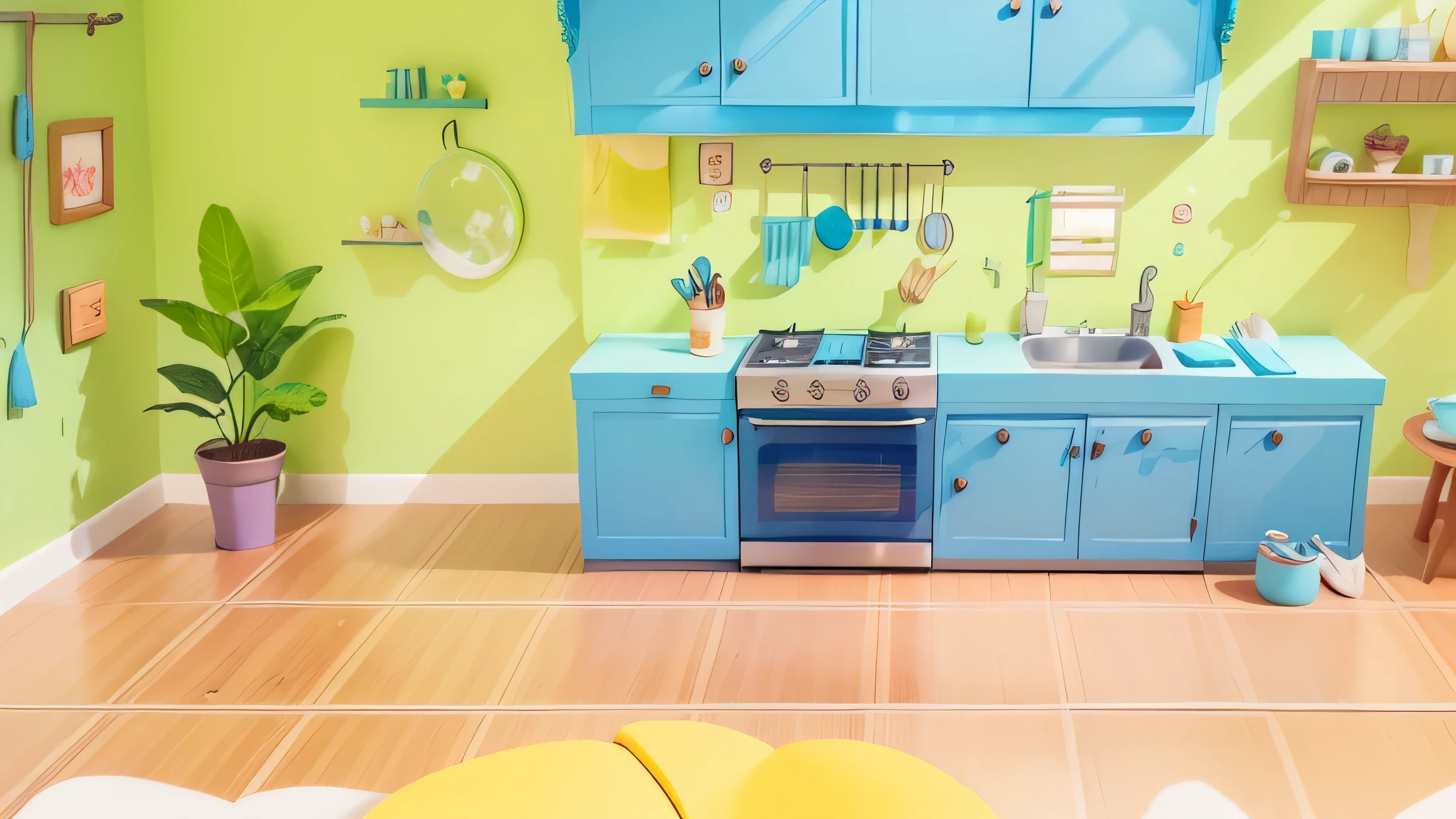 cartoon kitchen with blue cabinets and a stove and a sink, house kitchen on a sunny day, kitchen background, cute kitchen, cute bakery shop, 2 d game art background, background art, old kitchen backdrop, cozy home background, interior background art, alien room background, cooking pizza, random background scene, 2d game background, mobile game background, house background