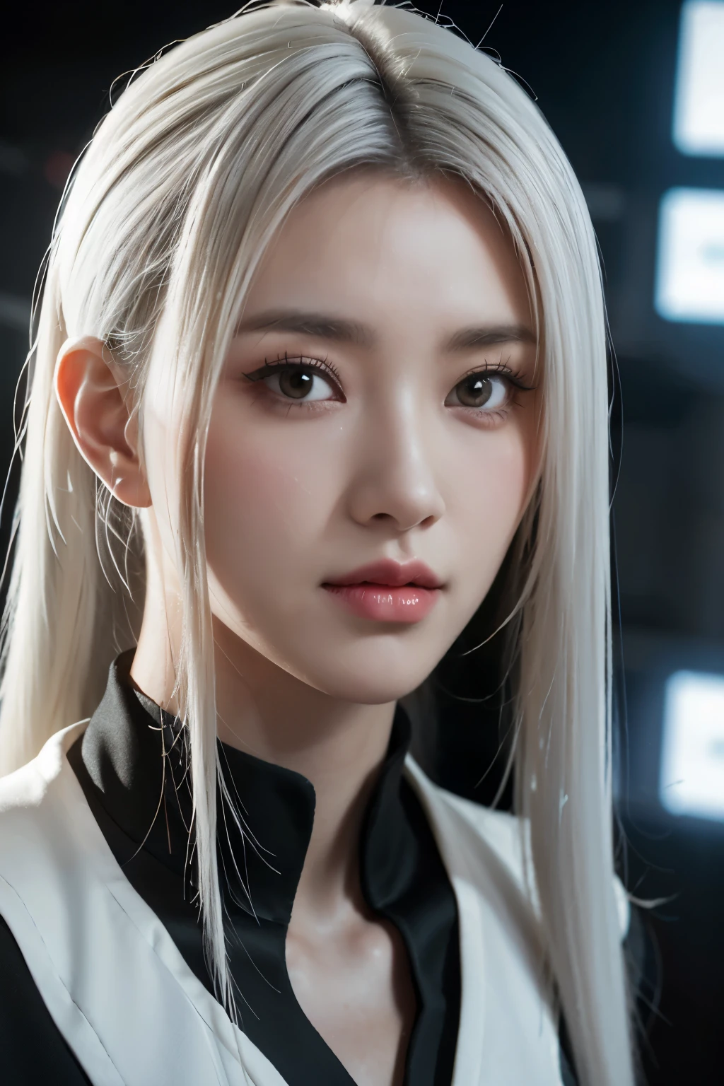 tmasterpiece,Best quality at best,A high resolution,8K,(portrait),(Close up of avatar),(RAW photogr),digital photography,Cyberpunk style scholar,20 year old girl,Long ponytail hairstyle,with long bangs,(white color hair),Red eyes,graceful and dignified,Keep your mouth shut,Serious and charming,The scholar,the rule of thirds,Sci-fi style laboratory,White room,oc render reflection texture,