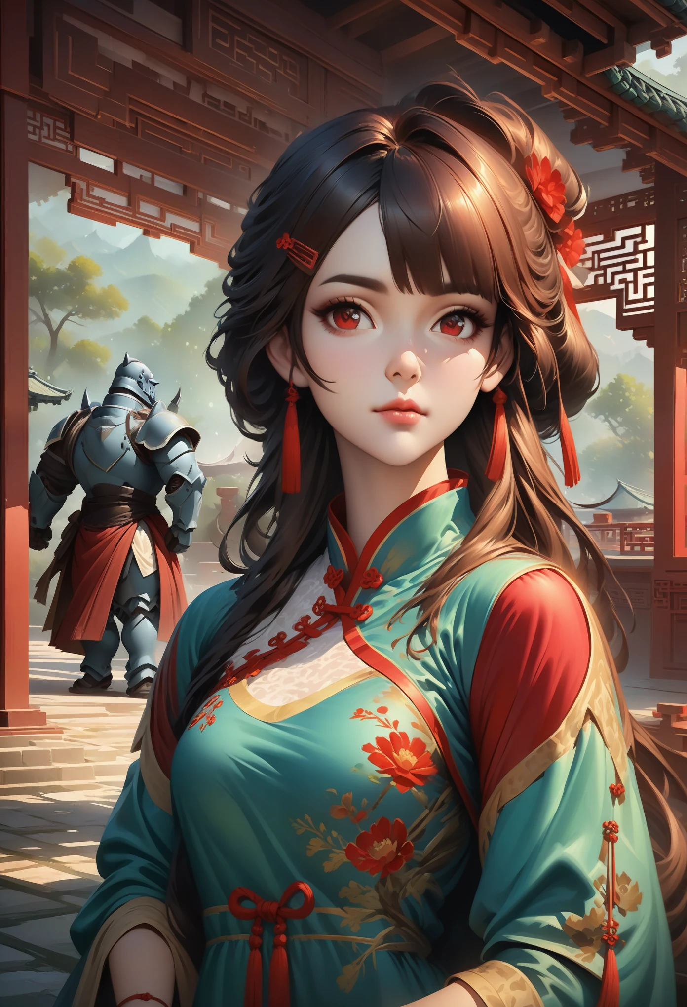 ((whole body)), samdoesarts style award winning whole body portrait of a beautiful woman, (((perfect female face)),((China costume)), ((Shabble Hanfu)), pavilion, complicated, ( beautiful details eyes),((hairpin, twisted hair, Double ball head)), (Sunlight), Shadow graphic illustration, The art of math, Trending on Artstation, Very detailed, fine details, complex, Artgerm & Rutkowski & Alphonse Much Art,