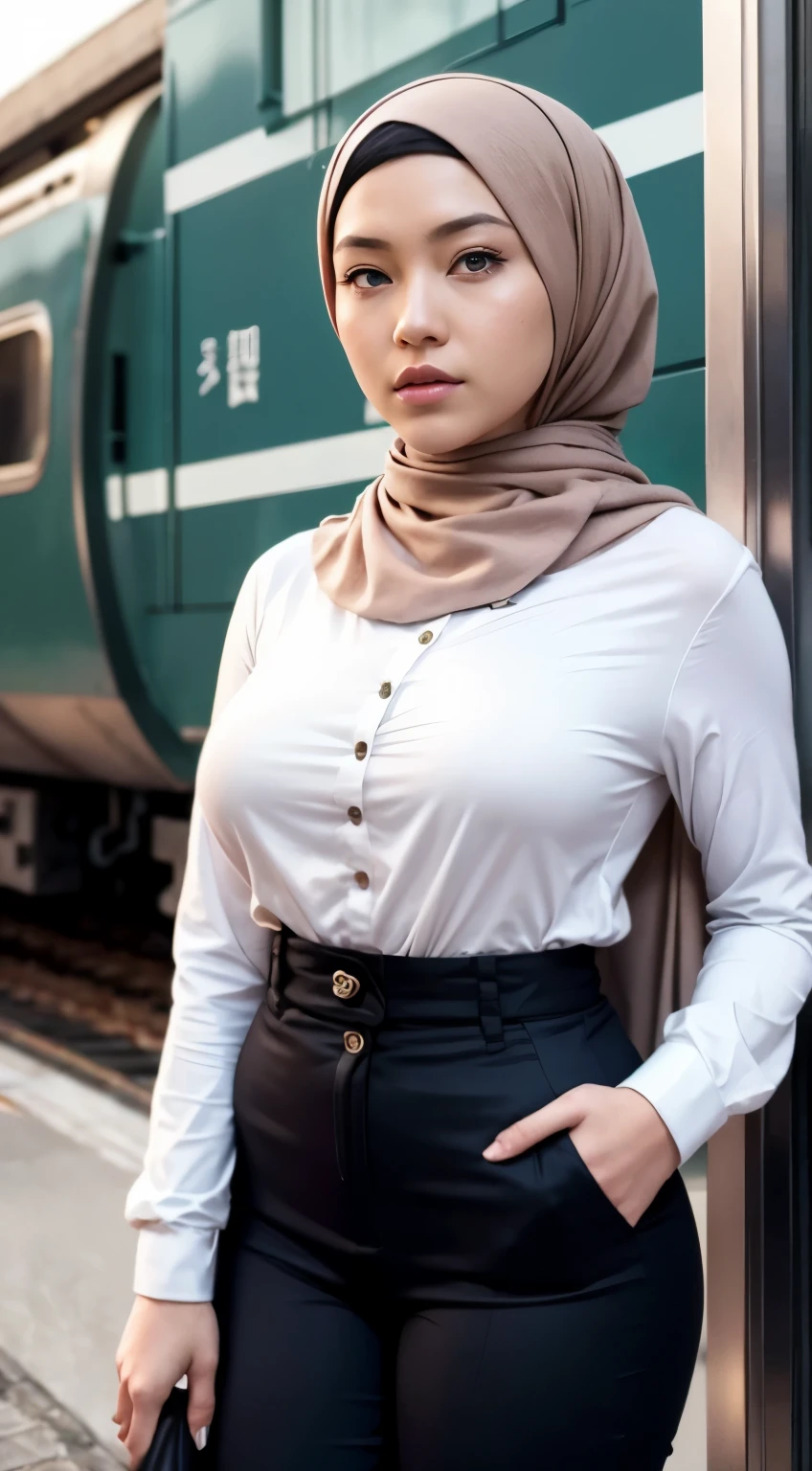 A woman trapped in the haunted subway station, wearing hijab, white shirt, pull down her sagging jeans, panties accidentally exposed, hands on her head