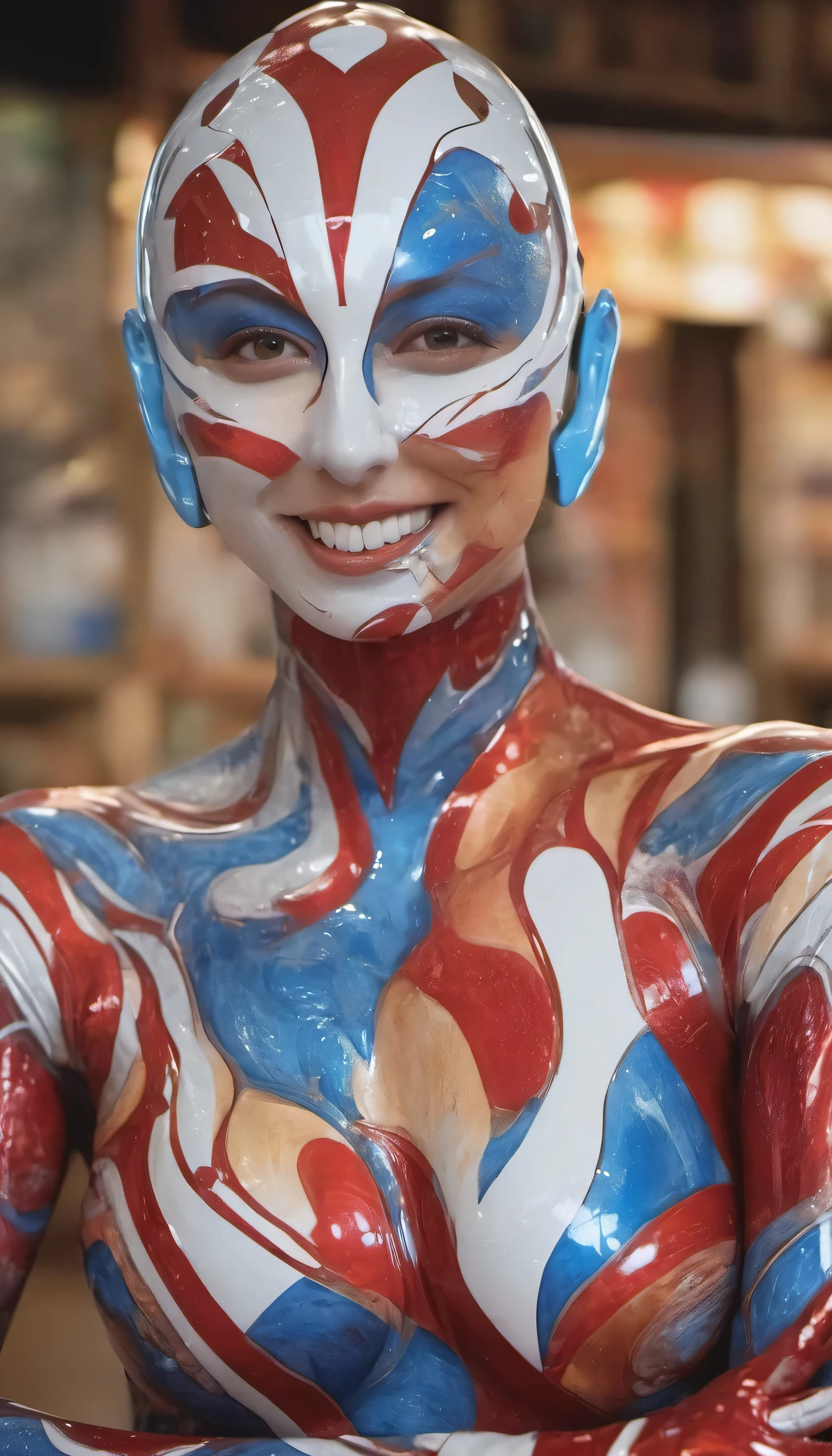 (Highest image quality, realistic depiction),(Body slippery with lotion,sweaty body),artistic nude art,(Beautiful woman with Ultraman body paint),Colossal tits,((best character depiction,beautiful nude body))