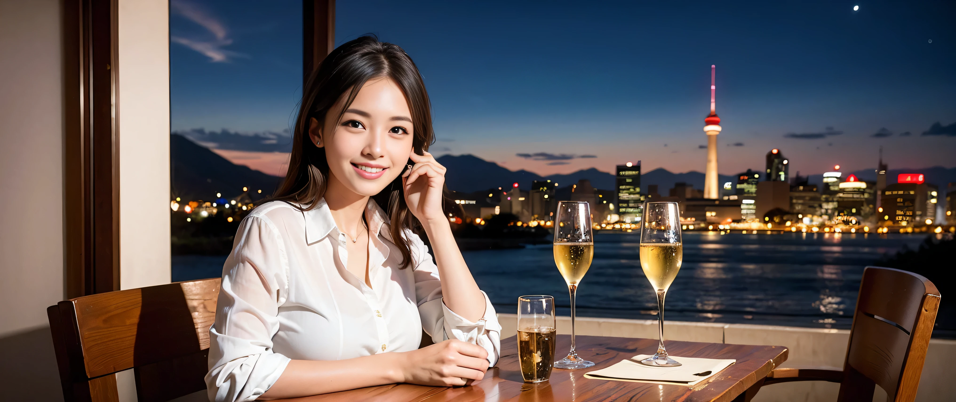K, Hmm, highest quality, masterpiece: 1.2), (realistic, photorealistic: 1.37), Spectacular view of the sunset sky and clouds、Amazing mountain views、beautiful smile、3 slim beauties, (slim face),Happy、 the best smile、Fox face、Berry Short、(because I&#39;thin), (brown hair), (shortcut), long sleeve shirt、winter fashion、Colombian、Brazilian、Japanese、Dutch、German、Portuguese、Belgian、Italian、French,Champagne、sparkling wine、 (squirt), (slim body), (brown hair), (shortcut), neat beauty、cheeks turn a little red, (45 years old), 38 years old, alone, A beautiful and detailed night view spreads out outside the window....., restaurant, wine glass is sitting, At night, in a prominent place (from the Upper body) nova frog style, actress, model, Upper body, White wine, slim, wine glass, Very beautiful night view, wine glass Put in the Middle, Happy smile, (smile: 1.15), 