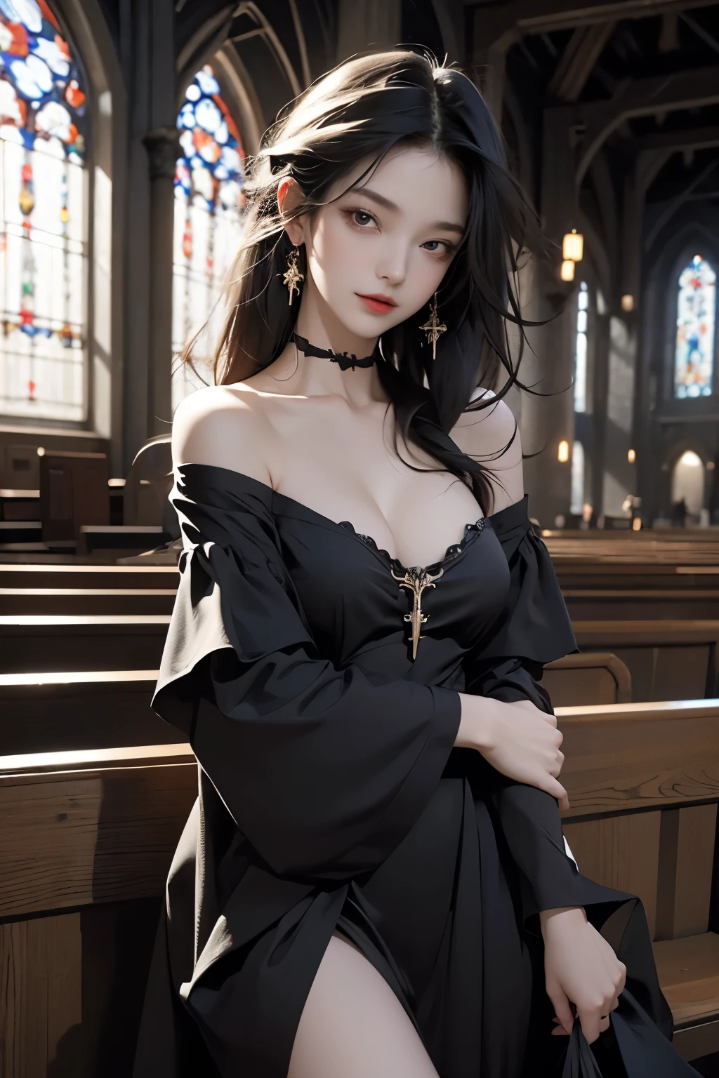 (masterpiece), (best quality), high resolution, 4K, girl, vampire, black dress, bare shoulder, off shoulder, dark, fantasy, sexy, Cross in Church