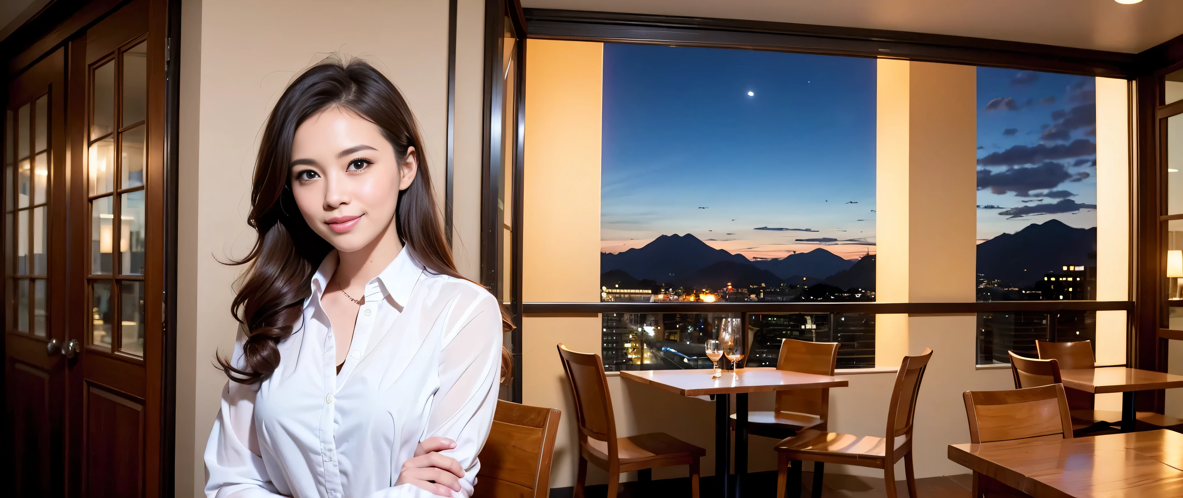 K, Hmm, highest quality, masterpiece: 1.2), (realistic, photorealistic: 1.37), Spectacular view of the sunset sky and clouds、Amazing mountain views、3 slim beauties, (slim face),Happy、 the best smile、Fox face、Berry Short、(because I'thin), (brown hair), (shortcut), long sleeve shirt、winter fashion、Colombian、Brazilian、Japanese、Dutch、German、Portuguese、Belgian、Italian、French,Champagne、sparkling wine、 (Squirting), (slim body), (brown hair), (shortcut), neat beauty、cheeks turn a little red, (35 years old), 38 years old, alone, A beautiful and detailed night view spreads out outside the window......., restaurant, wine glass is sitting, At night, in a prominent place (from the Upper body) nova frog style, actress, model, Upper body, White wine, slim, wine glass, Very beautiful night view, wine glass Put in the Middle, Happy smile, (smile: 1.15),