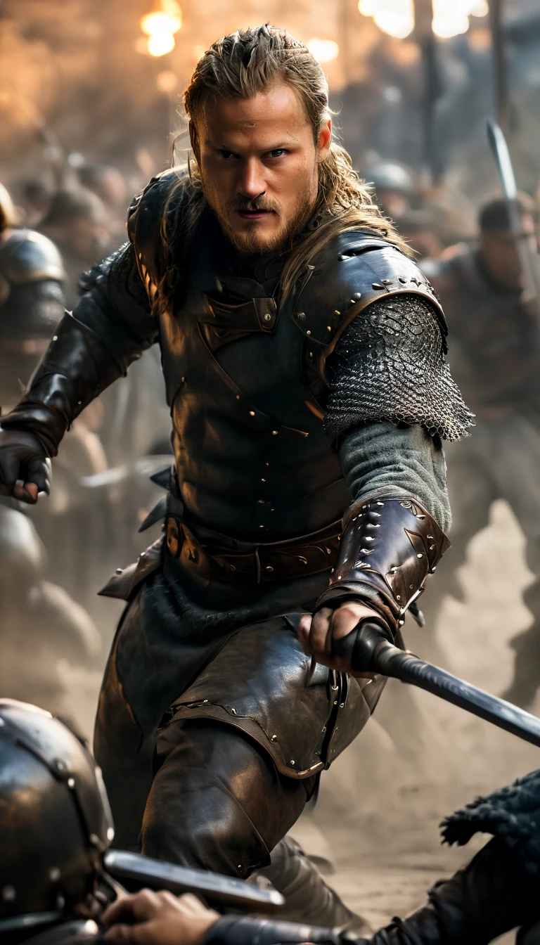 Illustrate the sons of Ragnar lothbrok standing together, wearing armor and holding weapons, ready to fight, heading for King Aella's fortress, crowd cheering for them , detailed face, detailed face expressions, natural face expressions, face in detail, asymmetrical faced,(tall and slender body), fair and smooth skin, detailed hands, detailed fingers, masterpiece, cinematic lighting, physically based rendering, lens flare, award winning rendering, perfect rendering detail, 8K, realism, detailed background, everything in detail, cinematic shot, dynamic lighting, 75mm, Technicolor, Panavision, cinemascope, fine details, 8k, HDR, realism, realistic, key visual, film still, superb cinematic color grading, depth of field, ,midjourney