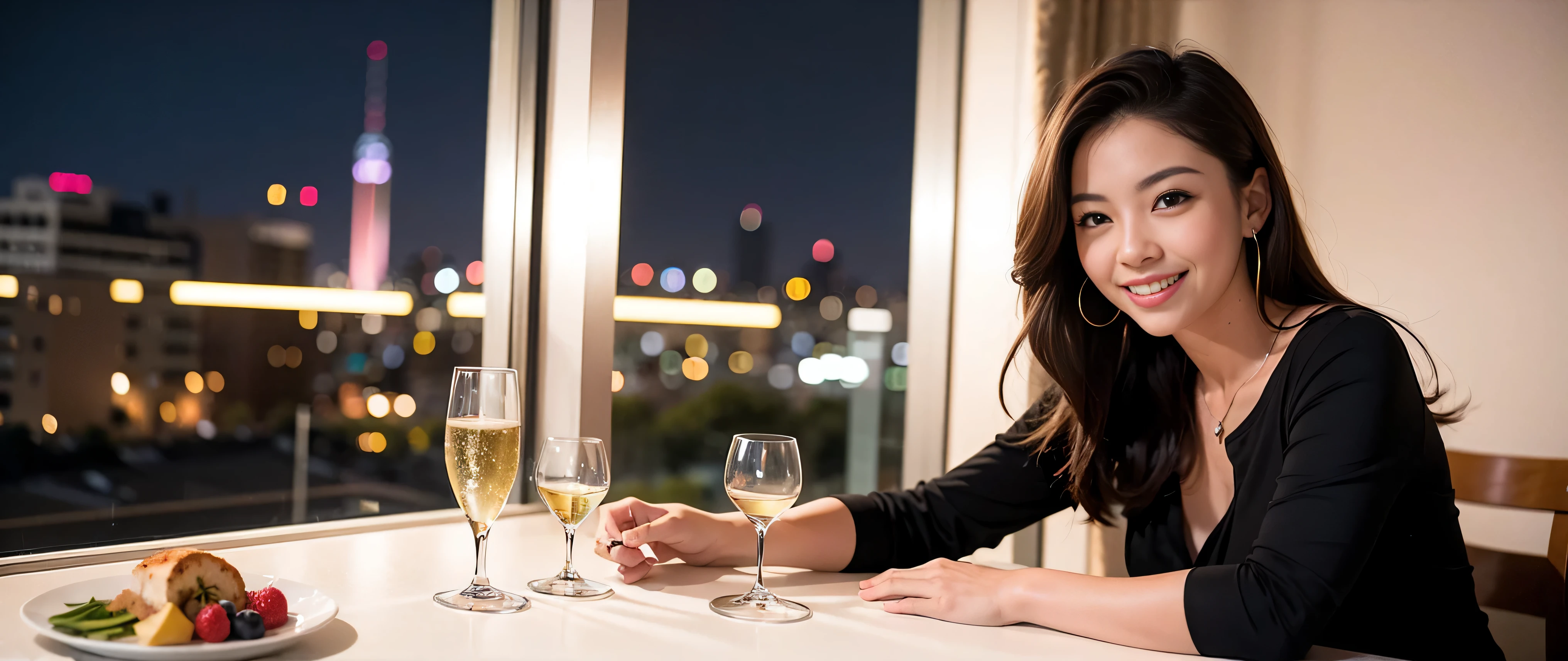 K, Hmm, highest quality, masterpiece: 1.2), (realistic, photorealistic: 1.37), Super detailed, 3 slim beauties, (slim face),Happy、 the best smile、Fox face、Berry Short、(because I'thin), (brown hair), (shortcut), long sleeve shirt、winter fashion、Colombian、Brazilian、Japanese、Dutch、German、Portuguese、Belgian、Italian、French,Champagne、sparKling wine、 (gush out), (slim body), (brown hair), (shortcut), neat beauty、cheeKs turn a little red, (35 years old), 38 years old, alone, A beautiful and detailed night view spreads out outside the window...., restaurant, wine glass is sitting, At night, in a prominent place (from the Upper body) nova frog style, actress, model, Upper body, White wine, slim, wine glass, Very beautiful night view, wine glass Put in the Middle, Happy smile, (smile: 1.15),