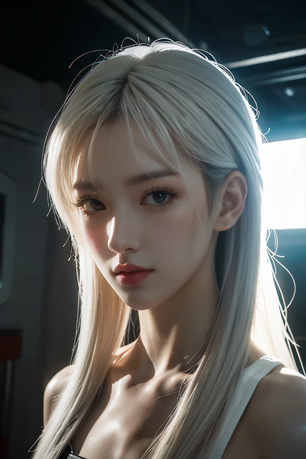 tmasterpiece,Best quality at best,A high resolution,8K,(portrait),(Close up of avatar),(RAW photogr),digital photography,Cyberpunk style scholar,20 year old girl,Long ponytail hairstyle,with long bangs,(white color hair),Red eyes,graceful and dignified,Keep your mouth shut,Serious and charming,The scholar,the rule of thirds,Sci-fi style laboratory,White room,oc render reflection texture,