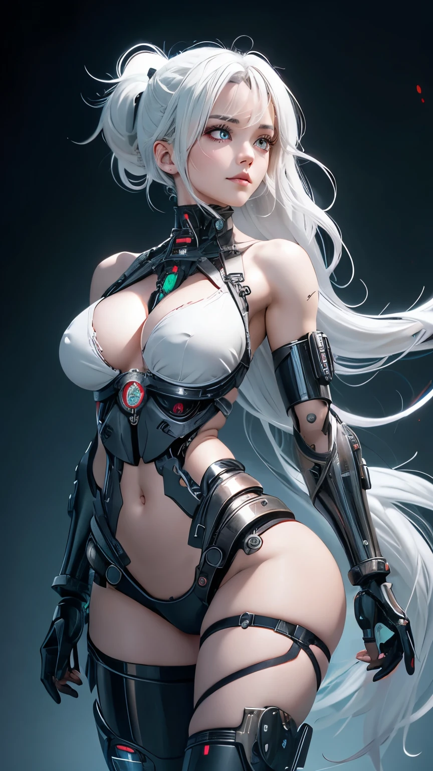 1girl, solo, breasts, looking at viewer, huge breasts, red eyes, bare shoulders, full body, ponytail, white hair, grey eyes,heterochromia, colored sclera, android, black sclera, white eyes, cyborg, artificial eye, mechanical eye, holding a mechanical blade 