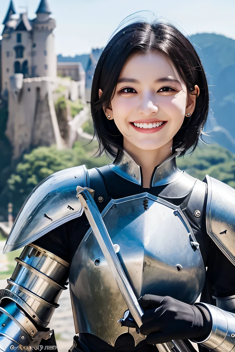 ８Ｋ、highest quality、female knight、The background is a castle、Luxurious Silver Armor、heavy equipment、black hair、hairstyle short cut、smile、beautiful teeth、full body photo、ear piercing、Dragon Helm

