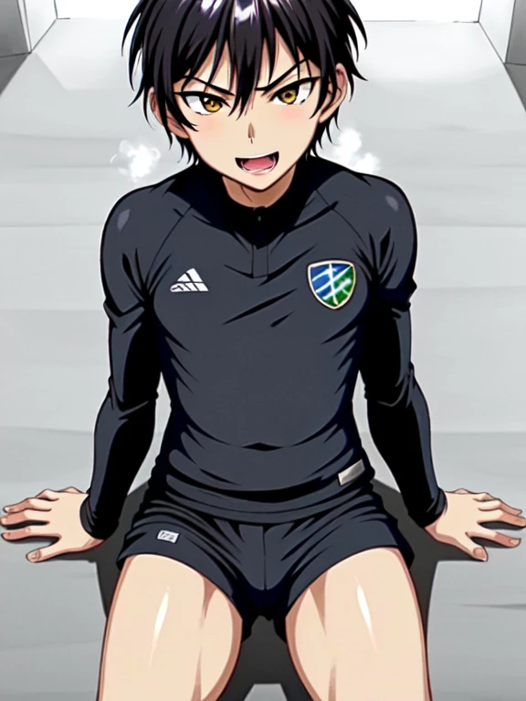 (((official art,Super thin illustration,High resolution, muste piece, best quality,best quality,)))high quality, detailed, (),12 years o)、 A young ace striker male idol with a super cute face,A boy as beautiful as Planding, Cool handsome face with a smile, soccer spike, long legs, thighs, Foots, No bulge, (black hair、short hair)、shiny hair, (Tight shiny random color soccer uniform suit), (tight and shiny soccer shorts), (soccer socks), grassy area, cool pose, (厚いthighs、Seducing a big ass into your crotch)、(((soccer field in the park)))、((Saucy、))、grinning grin、spread legs,ultra fine painting, (best quality, In 4K, 8K, High resolution, muste piece:1.2),service shot、((detailedな目:1.2))、showing off his big butt、proud butt、