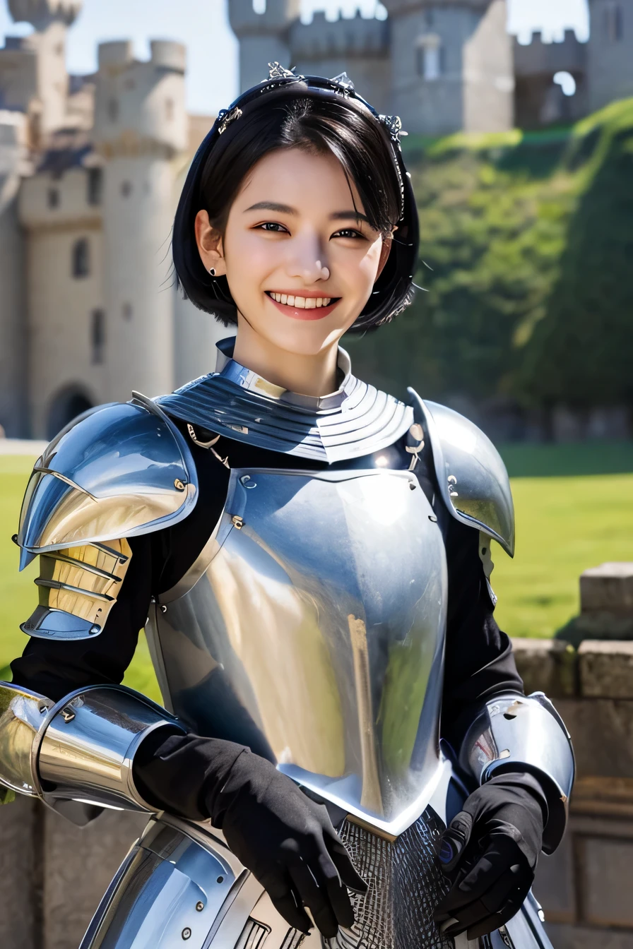 8K、highest quality、female knight、The background is a castle、Luxurious Silver Armor、heavy equipment、black hair、hairstyle short cut、smile、beautiful teeth、full body photo、ear piercing、Dragon Helm