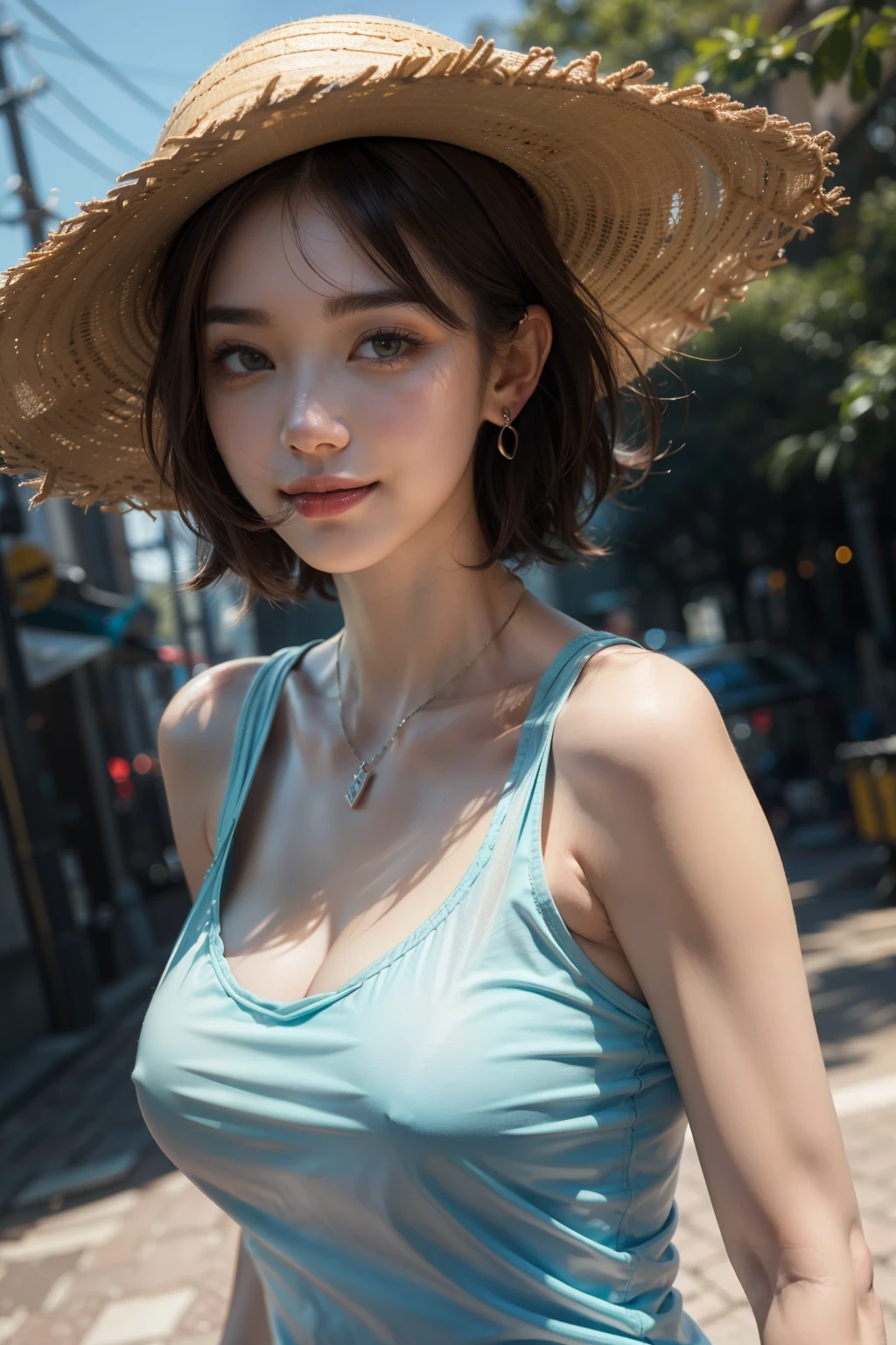 (best quality, 8k,32k,masterpiece, UHD:1.2),extremely detailed CG unity 8k wallpaper,intricate details,Raw photo,(photorealistic:1.4),atmosphere,ultra high res,Realistic,Real,Huge_filesize,incredibly absurdres,(centered:1.3),Ultra illustration,(ultra-detailed),dramatic lighting,various colors,depth of field,art by krenz cushart,golden hour lighting,taken by Canon EOS,SIGMA Art Lens 35mm F1.4,ISO 200 Shutter Speed 2000,blurry background,
BREAK,
1girl,(smile:1.3),slim body,(short hair with SEE THROUGHbangs,:1.4),solo,20-year-old Japanese beautiful woman, (sea,straw hat,lightblue tank top:1.4),(light brown hair:1.5),((brown eyes)),Large breasts,chest, Soft white skin that shines with every detail,pale skin,Very beautiful face,Very well-formed face,Natural and realistic face,Best,beautiful detailed eyes,striking eyes,Eyes drawn in detail, smile with your mouth closed,Detailed mouth,Detailed lips,shiny beautiful lips,Glossy lips,simple earrings,necklace,jewelry, solo focus,low neckline,
BREAK,
Front lighting,kool,Standing,sensual expression, BREAK,
(Dutch angle:1.4),looking at viewer,
BREAK,tzuyu,yui aragaki,