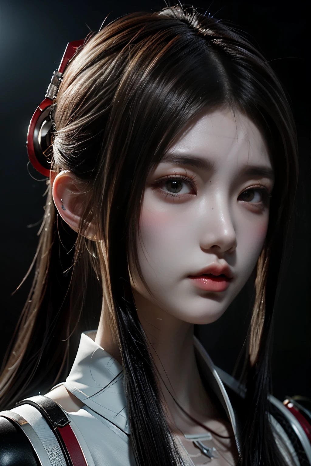 tmasterpiece,Best quality at best,A high resolution,8K,(portrait),(Close up of avatar),(RAW photogr),digital photography,Cyberpunk style scholar,20 year old girl,Long ponytail hairstyle,with long bangs,(white color hair),Red eyes,graceful and dignified,Keep your mouth shut,Serious and charming,The scholar,the rule of thirds,Sci-fi style laboratory,White room,oc render reflection texture,