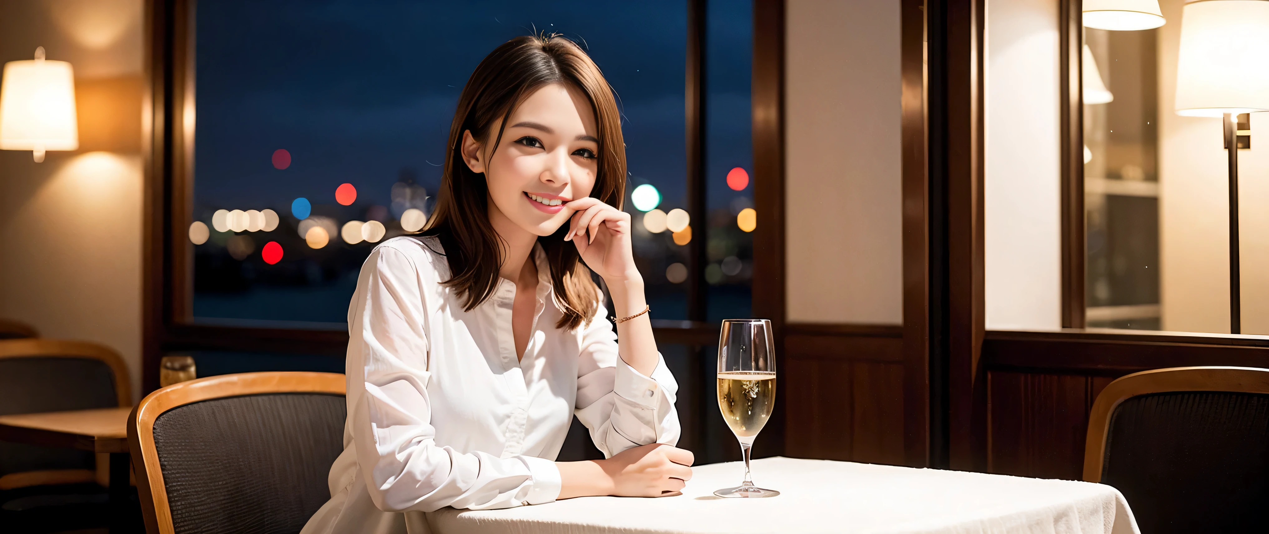 K, Hmm, highest quality, masterpiece: 1.2), (realistic, photorealistic: 1.37), Super detailed, 3 slim beauties, (slim face),Happy、 the best smile、Fox face、Berry Short、(because I'thin), (brown hair), (shortcut), long sleeve shirt、winter fashion、Colombian、Brazilian、Japanese、Dutch、German、Portuguese、Belgian、Italian、French,Champagne、sparKling wine、 (gush out), (slim body), (brown hair), (shortcut), neat beauty、cheeKs turn a little red, (35 years old), 38 years old, alone, A beautiful and detailed night view spreads out outside the window...., restaurant, wine glass is sitting, At night, in a prominent place (from the Upper body) nova frog style, actress, model, Upper body, White wine, slim, wine glass, Very beautiful night view, wine glass Put in the Middle, Happy smile, (smile: 1.15),