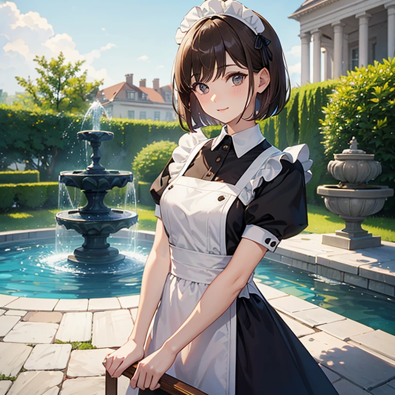 masterpiece, best quality, garden, fountain, looking at viewer, upper body, 1girl, light brown hair, short hair, bob cut, brown eyes, maid headdress, maid