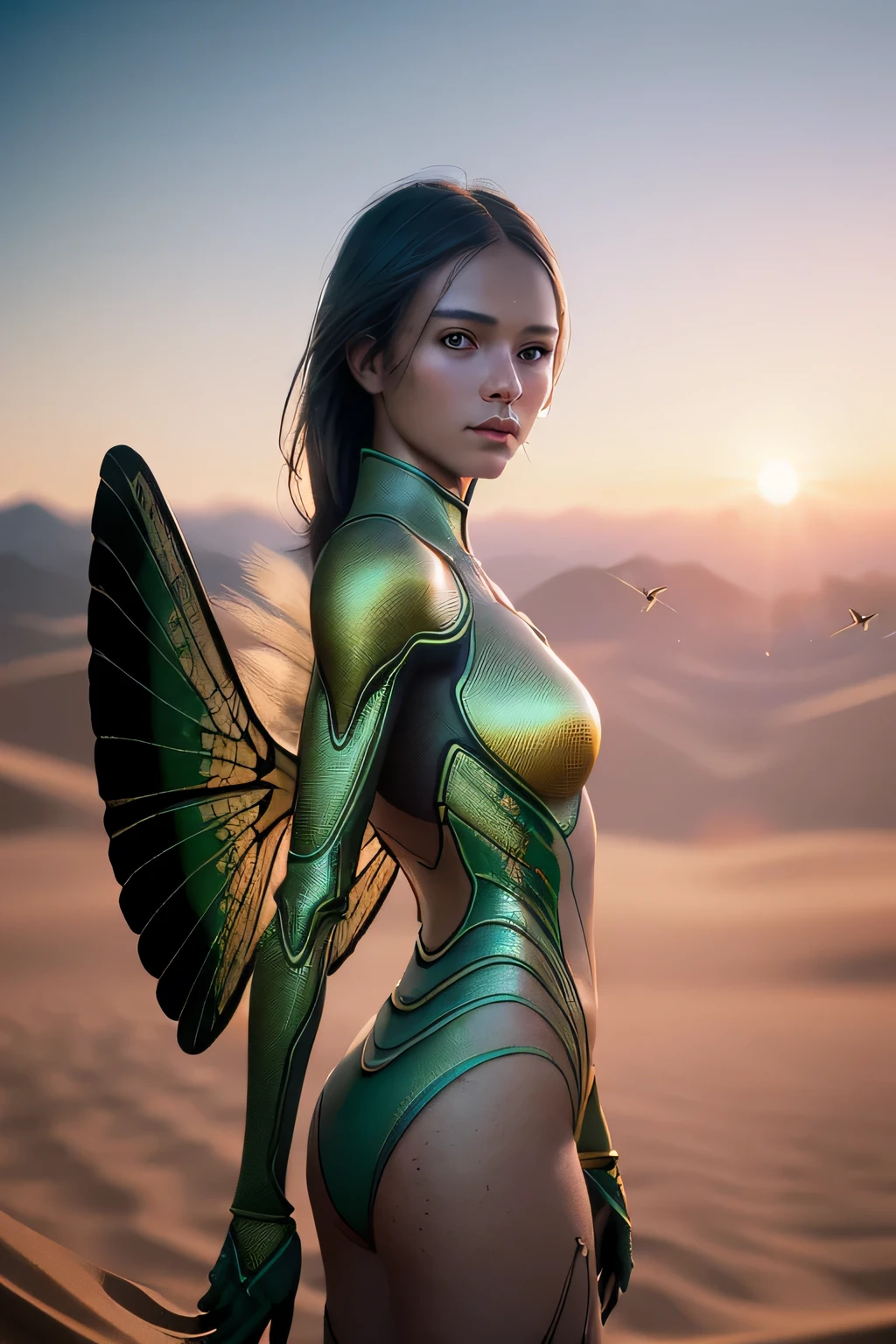 (masterpiece), (very complicated:1.3), (realistic), girl portrait, the most beautiful in the world, (locust-like wings), scale powder reflection, outdoor, intense sunlight, distant dune, Stunning female professional photo details, sharp focus, dramatic, Award history, cinematic lighting, Octane Rendering Unreal Engine, volumetrics dtx, (film grain, blurred background, blurred foreground, Bokeh, Depth of the bounds written, sunset, motion blur:1.3), thin clothing