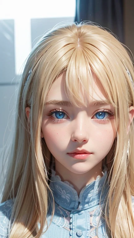 A very beautiful 14-year-old girl with outstanding beautiful blonde hair.、Beautiful and well-groomed face、blonde on the face、bangs above shiny eyes、Very bright white light blue big eyes that shine so beautifully、cute very bright big eyes、gentle and bright expression、blonde super long silky hair、hair above eyes、片hair above eyes、hair between eyes、small face beauty、round face、Very white, bright and young skin、cheek highlights、Very beautiful bright eye highlights、