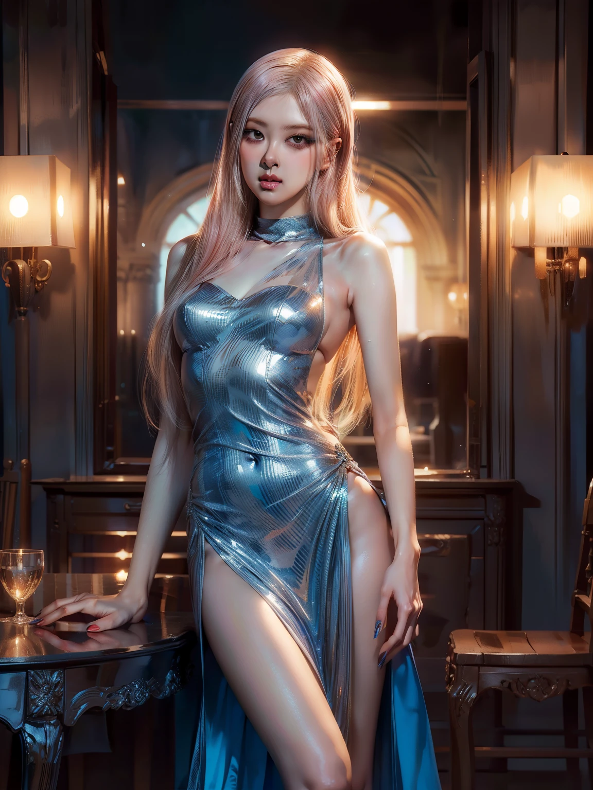 erotic posing,Dynamic posing,Arrange pose,dramatic,cinematic,detailed background,dynamic angle,Female masturbation,Hard NSFW,Top quality work，Photorealistic works，Ultra Premium Graphics，8K HD CG works，High-quality graphics，High-definition fine CG works，超A high resolution、fullnude，fullnude， fullnude，fullnude，open waist，Show Legs，Exposing female genital organs，close-up all over the body，10x pixel，Ultra-fine details：1.1，Advanced technical details：1.1Photographically realistic，Indoor lighting effects：1.5，Natural light：1.5. light effect（Virtual Light Effects：1.8），超A high resolution，Shiny Blue Dress，Long pink hair，Transparent hair，High Detail Hair（Premium Hair Detail：1.1）Clear eyes，Good looking double eyelids，Sharp eye makeup, Delicate makeup for eyelashes, Thin eyebrows, ultradetailed eyes，lovely red lips, Rose cheeks, Face with delicate makeup , Pretty Face, A perfectly proportioned face,（Advanced facial details：1.1）Collection of shiny blue luxury dresses，Blue Sequin Dresses，Tight long skirt，Summer Sexy Hip Wrap Fishtail Sleeveless Commuter Maxi，stiletto heelitts，Beautiful long dresses，Bright Red Series，Haute Couture Dresses Collection，Dress Photography，Authentic dress works，In the banquet hall，Women's Artwork，full-body view，Goddess of Dress，Realism，overall look is very erotic, amazing,Large round chest、Beautiful eye details、Very slender eyes、Beautiful eyelashes、beautiful double eyelid、Very slim physique, Lower milk is visible, Shy, with blush cheeks, Show off, pubic area open, Show off your pubic area, Sweating, My crotch is wet, The chest is firm and the contours are clear.., large full breasts, Vaginal shots