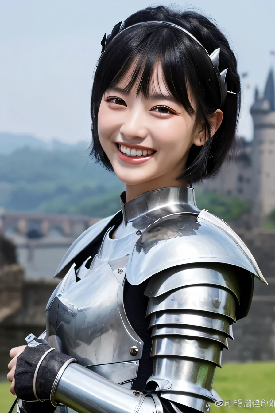 ８Ｋ、highest quality、female knight、The background is a castle、Luxurious Silver Armor、heavy equipment、black hair、hairstyle short cut、smile、beautiful teeth、full body photo、ear piercing、Dragon Helm

