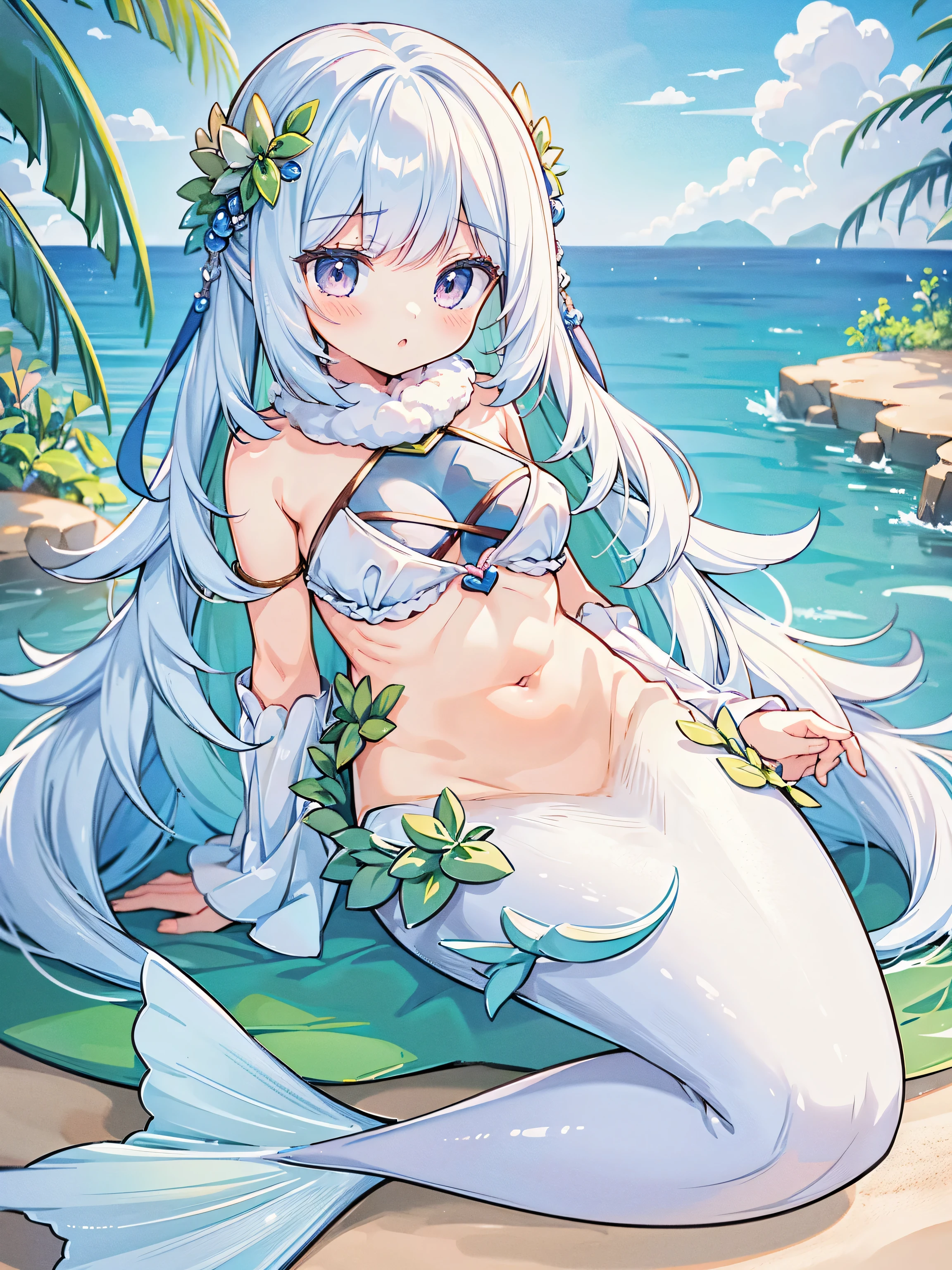 masterpiece, best quality,a girl,big breasts,Mermaid,white mermaid tail,full-body shot,beach,sea view,sit on the beach,charming face(kawaii, charming,soft)