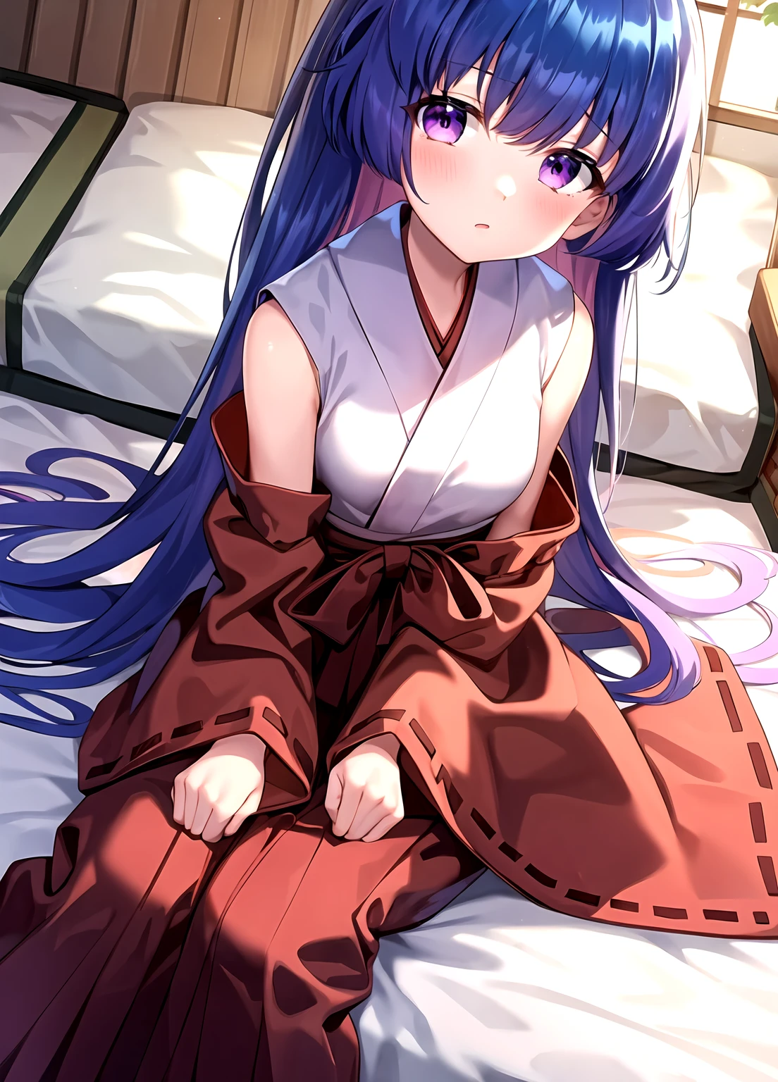 NSFW,masterpiece,Highest quality,High resolution,Super detailed,dawn_\(pokemon\),blue eyes, Blue Hair, Long Hair, Side Lock, Hair Clip,High-quality yukata,Embarrassed,blush,Inn at night,Japanese-style room,tatami,futon,(Middle-aged men),A man puts his hands on her waist and hugs her,Sitting,From above