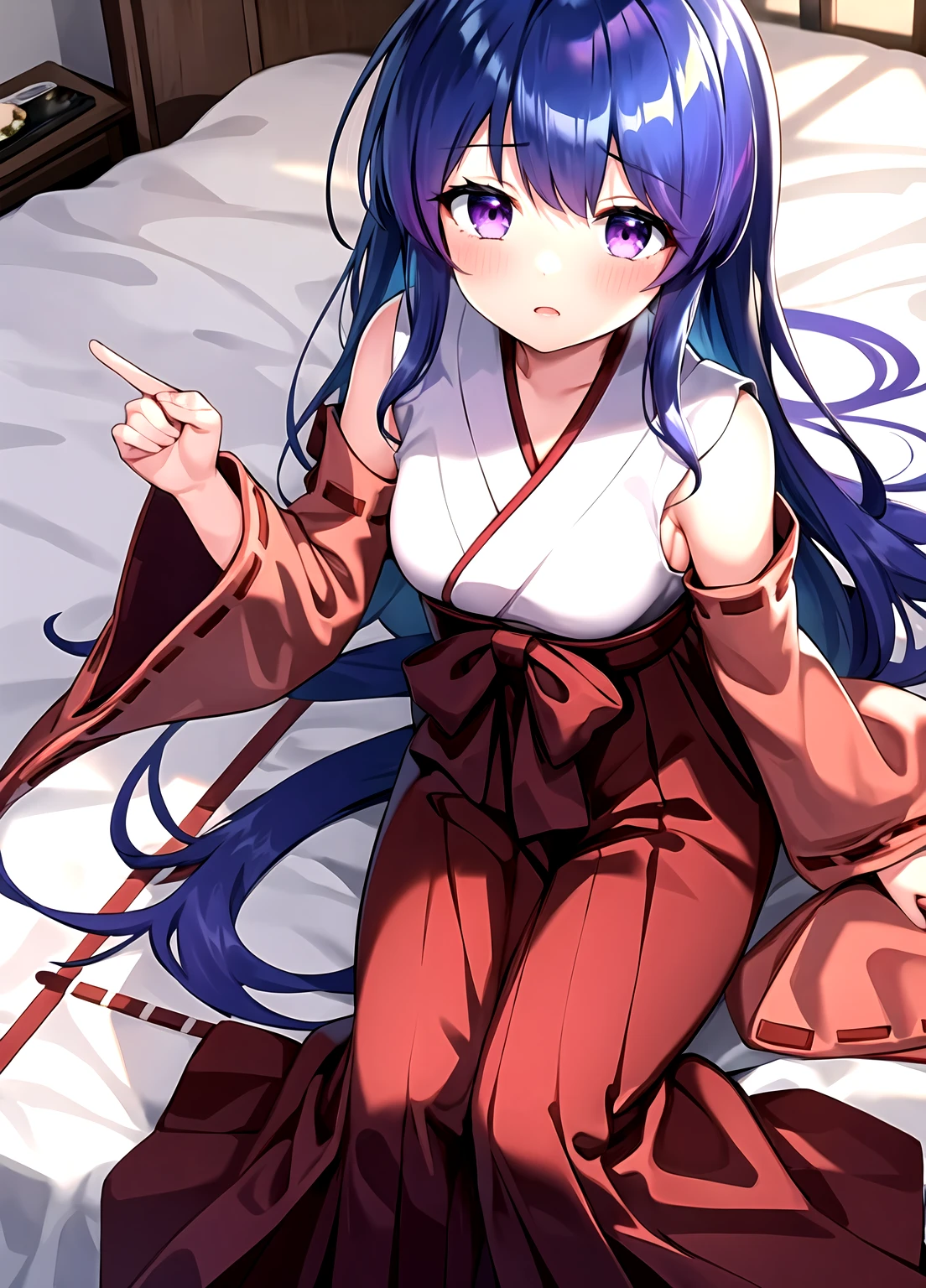 masterpiece, best quality, , 1girl, solo, furude rika, blue hair, blush, bangs , small breasts, purple eyes,, long hair, japanese clothes, hakama, hakama skirt, purple hair, detached sleeves, miko, skirt, red hakama, sitting on the bed, view from above, dutch angle, from above, looking at viewer,