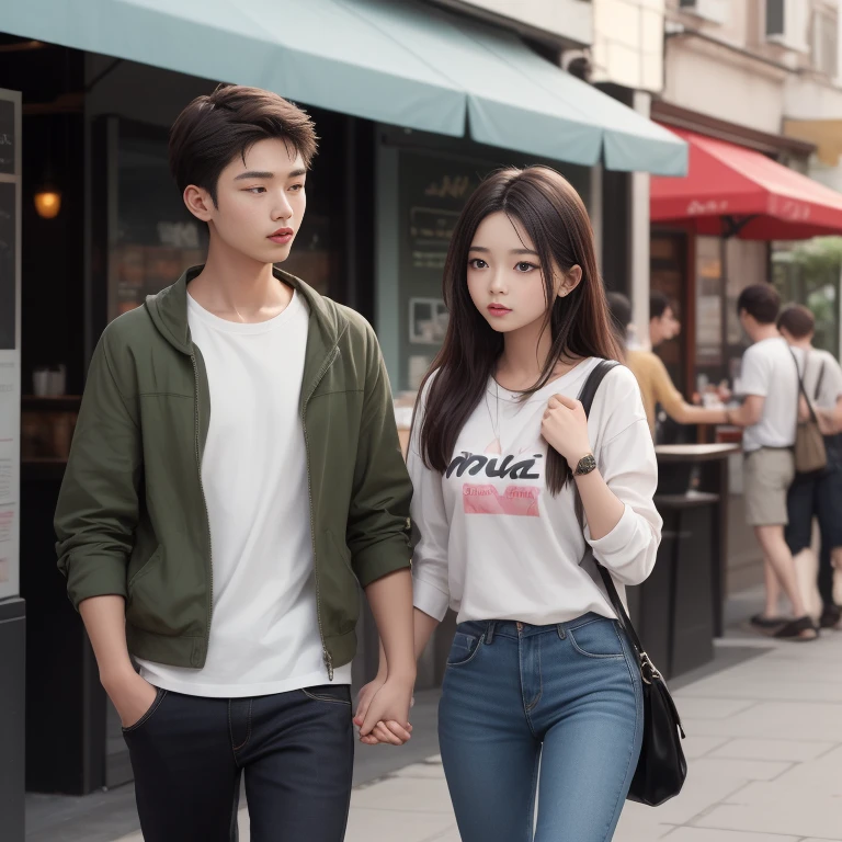 A cute korean girl walking to a cafe with her boyfreind, boyfreind is cute, badboy kissing. The girl is blushing a lot. In love...