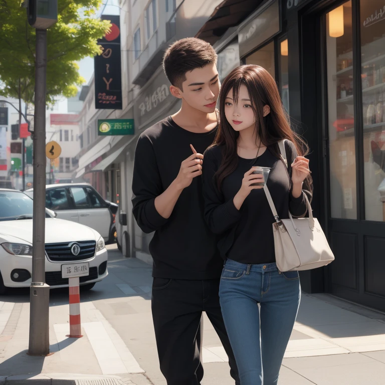 A cute korean girl walking to a cafe with her boyfreind, boyfreind is cute, badboy kissing. The girl is blushing a lot. In love...