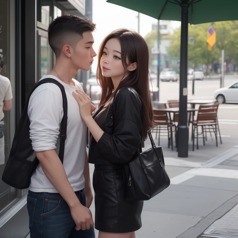 A cute korean girl walking to a cafe with her boyfreind, boyfreind is cute, badboy kissing. The girl is blushing a lot. In love...