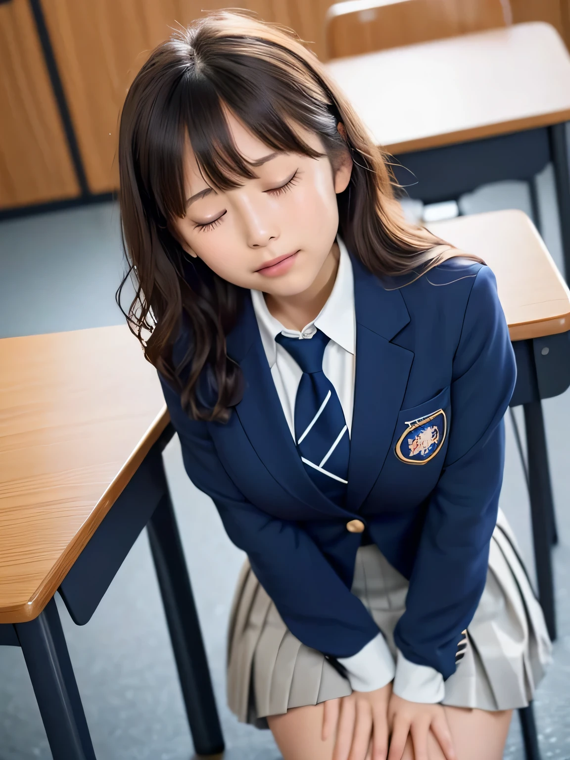 8k, highest quality, real image, intricate details, Super detailed, ultra high resolution, depth field,(realistic), (realistic:1.2), (full body:1.3), (crying face:1.1), (tears:1.1), (lamentation:1.1), (closed eyes), sitting on a chair, 1 Japanese girl, (small eyes:1.3), very beautiful  girl, (beautiful breasts:1.5, highly detailed eyes:1.2), (beautiful breasts:1.1), (small breasts:1.2), (wavy hair)、(curly hair)、bangs, perfect skin, Fair skin,( huge hips:1.1), (thick thighs:1.1), (thick legs:1.1), tight waist, small face, alone, (knees together), (hands between her legs), looking at the viewer, (School_uniform),(dark blue blazer), (white shirt、wear a tie), (gray pleated skirt), (sculpture installation :1.1), break classroom