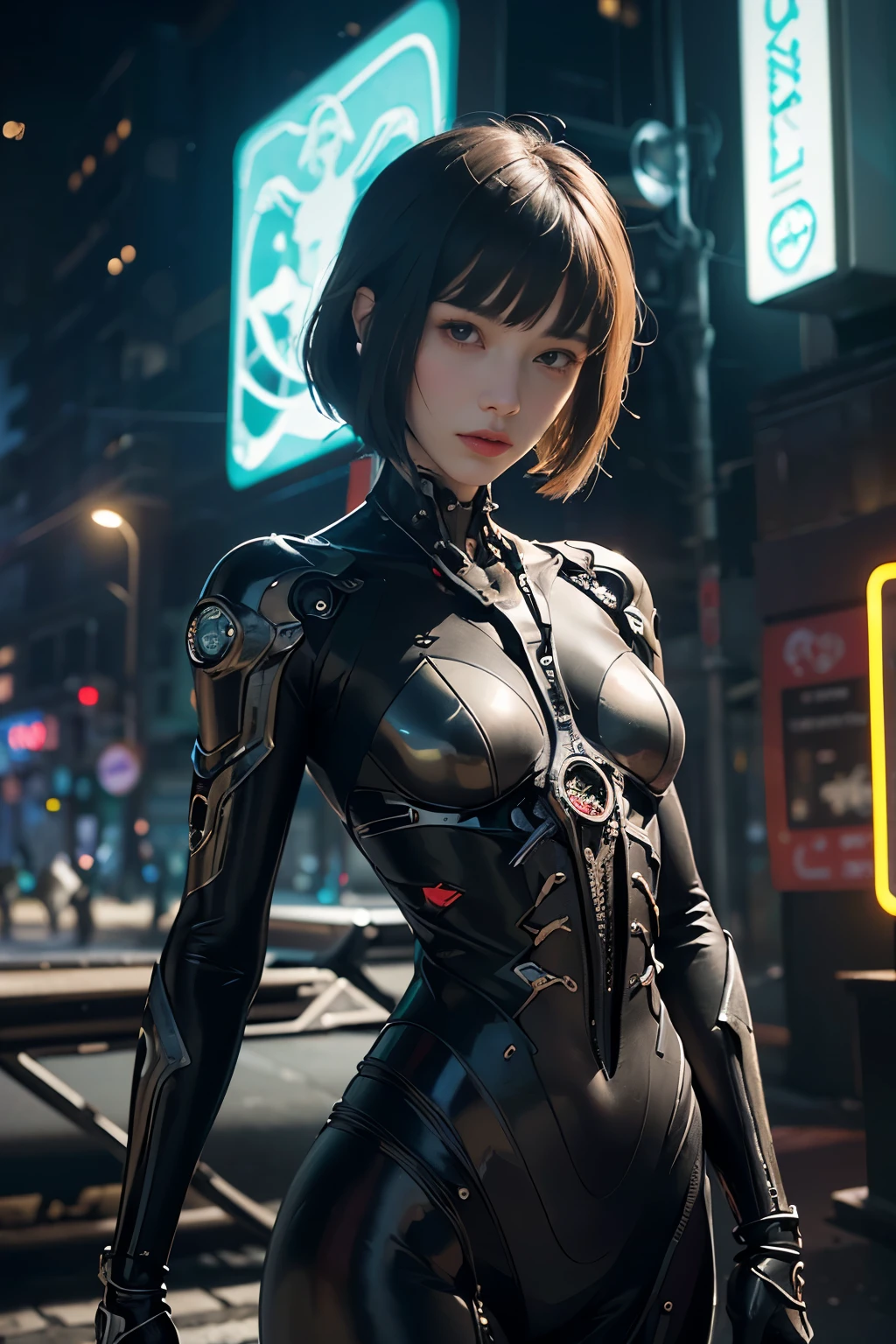 top quality, masterpiece, Ultra High rightesolution, ((lifelike: 1.4), rightaw Photo, 1 cyberpunk girl, shiny skin, 1 Mechanical Girl, (Ultra rightealistic Detailechanical limbs, Tubes attached to mechanical parts, Mechanical vertebrae attached to the spine, Cervical spine mechanical fixation in the neck, Wires and cables connected to the head, Neon Genesis Evangelion, Ghost in the Shell, Small glowing LED lamp, area lighting, Deep shadows, Octane rightendering, 8K, bloom effect, Super sharp, Metal, intricate decorative details, Baroque details, very intricate details, lifelike光线, CG trends, face camera, Neon details, (Android factory in the background), H&#39;s Art.right. Giger and Alphonse Mucha.