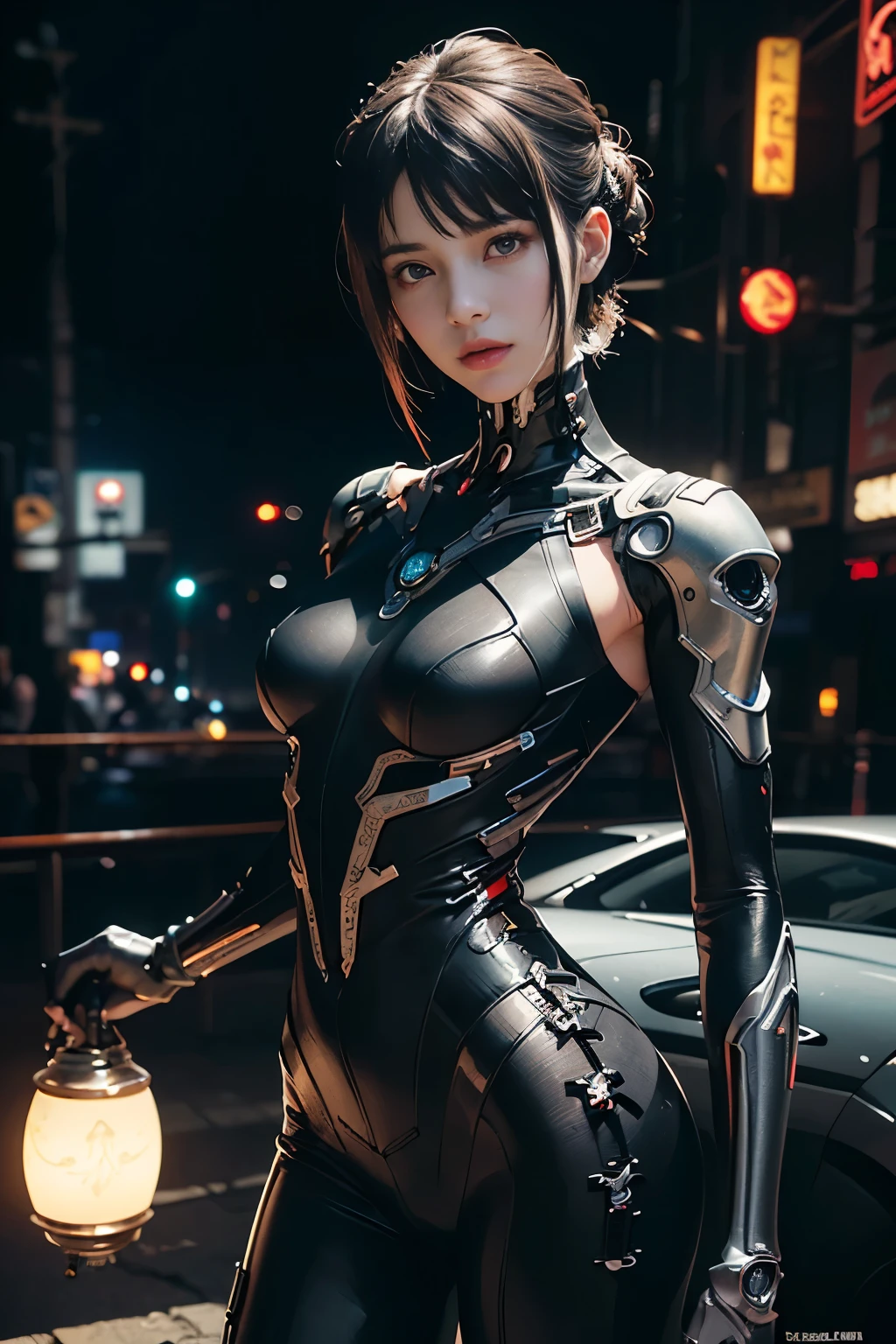 top quality, masterpiece, Ultra High rightesolution, ((lifelike: 1.4), rightaw Photo, 1 cyberpunk girl, shiny skin, 1 Mechanical Girl, (Ultra rightealistic Detailechanical limbs, Tubes attached to mechanical parts, Mechanical vertebrae attached to the spine, Cervical spine mechanical fixation in the neck, Wires and cables connected to the head, Neon Genesis Evangelion, Ghost in the Shell, Small glowing LED lamp, area lighting, Deep shadows, Octane rightendering, 8K, bloom effect, Super sharp, Metal, intricate decorative details, Baroque details, very intricate details, lifelike光线, CG trends, face camera, Neon details, (Android factory in the background), H&#39;s Art.right. Giger and Alphonse Mucha.
